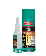 Load image into Gallery viewer, Akfix universal fast adhesive: a multi-purpose product, has a high bonding strength and is suitable for bonding a variety of materials, therefore perfect for woodworkers.  This product is great for filling in small holes, and the spray activator allows it to dry in seconds, allowing you to continue working with it right away.   Properties High bonding strength. Suitable for use on vertical surfaces as it will not drip or slump. It is particularly suited to bonding difficult substrates which have a porous or
